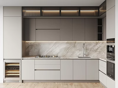 Modern Kitchen Interior With Gray Cabinets Marble Countertop And Built in Appliances 3d model