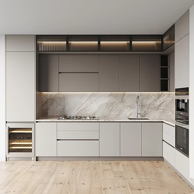 Modern Kitchen Interior With Gray Cabinets Marble Countertop And Built in Appliances 3d model