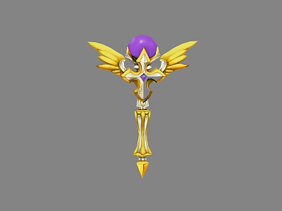 Fantasy Magical Weapon With Golden Wings Purple Gemstone Ornate Design And Golden Staff 3d model