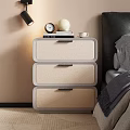 Modern Bedroom Nightstand Three Drawers Black Frame Beige Fronts With Alarm Clock Books White Decor