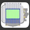 Modern Stadium Building With Green Football Pitch Blue Stands And White Roof Structure
