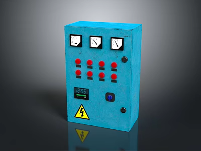 Blue Control Panel With Gauges Red Buttons Digital Display And Warning Sign 3d model
