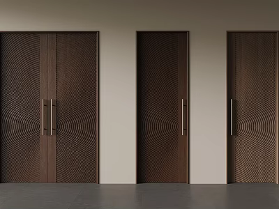 Modern Dark Wooden Double Doors With Textured Surface And Metal Handles In Interior 3d model