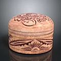 Handcrafted Circular Wooden Box With Intricate Floral Carvings And Natural Texture