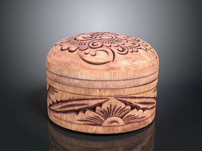 Handcrafted Circular Wooden Box With Intricate Floral Carvings And Natural Texture 3d model