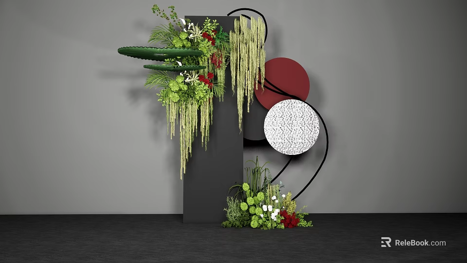 Floral Installation Featuring Black Pillar Greenery Red Blooms Hanging Vines And Red White Textured Circles 3d model 