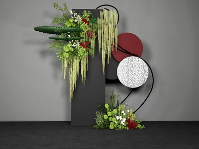 Floral Installation Featuring Black Pillar Greenery Red Blooms Hanging Vines And Red White Textured Circles 3d model