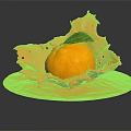 Fresh Orange With Green Leaf Surrounded By Orange Splash Effect On Black Background With Reflection 3d model