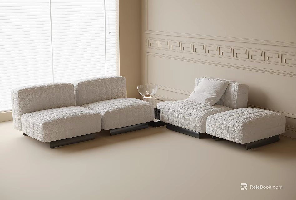 Cream Modular Sofa and Small Coffee Table Set with Decorative Wall Moldings and Window Blinds 3d model