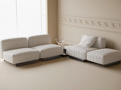Cream Modular Sofa and Small Coffee Table Set with Decorative Wall Moldings and Window Blinds 3d model