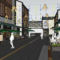 Modern Commercial Street With Pedestrians Green Umbrellas Star Decorations Tables Chairs And Plants