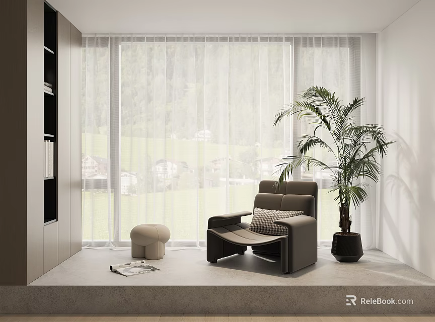 Cozy Leisure Chair in Bright Room with Potted Plant Small Stool Magazine and Scenic View 3d model 