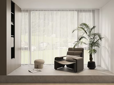 Cozy Leisure Chair in Bright Room with Potted Plant Small Stool Magazine and Scenic View 3d model