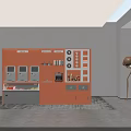 Orange Storage Cabinet In Minimalist Interior With Coffee Machines Mugs Bottles And Floor Lamp
