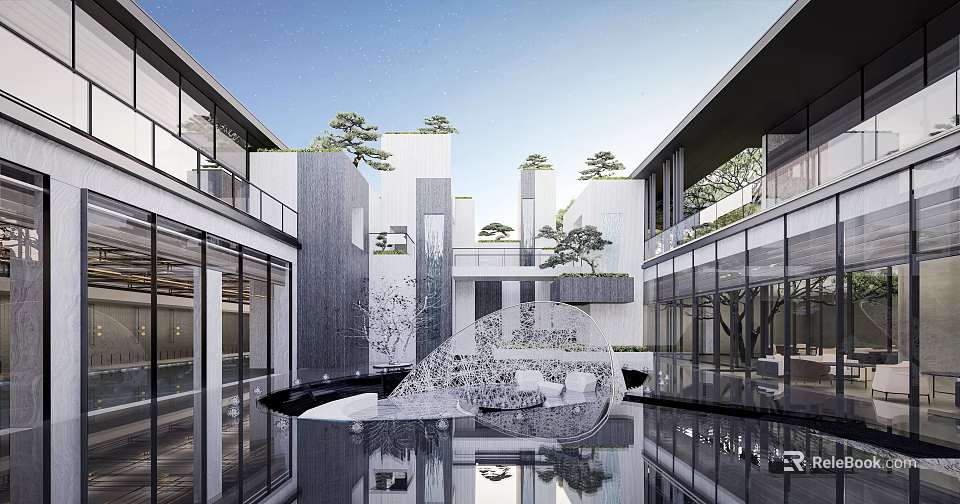 Modern Garden Landscape Design With Courtyard Water Reflection And Pine Trees 3d model