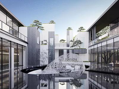 Modern Garden Landscape Design With Courtyard Water Reflection And Pine Trees 3d model
