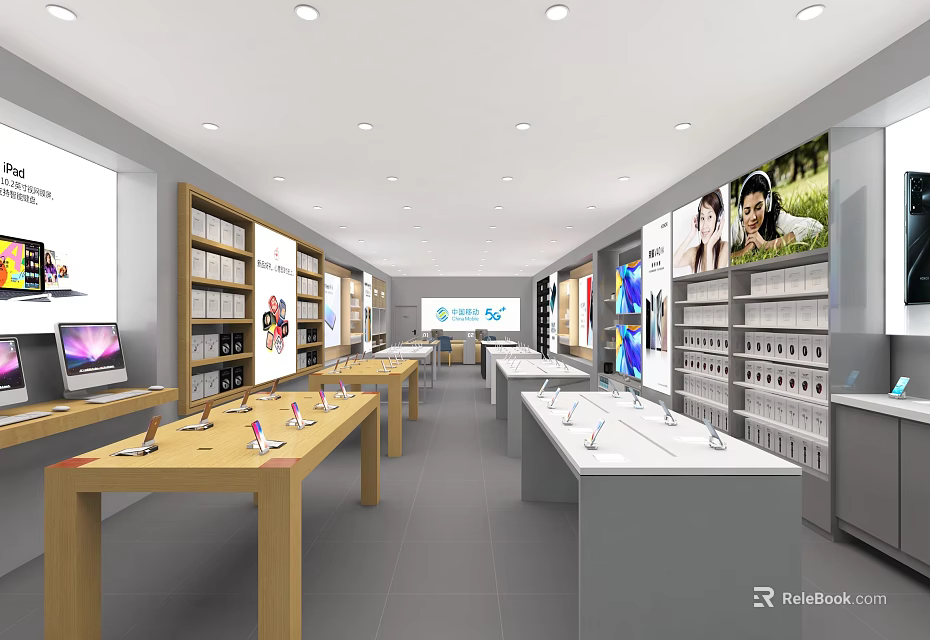 Modern Electronics Store Interior With Display Tables Shelves And Smartphones Laptops 3d model 