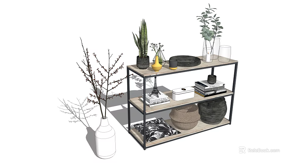 Stylish Multi-tiered Storage Shelf with Wooden Metal Frame Decorative Plants Books Baskets 3d model 