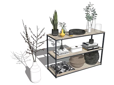 Stylish Multi-tiered Storage Shelf with Wooden Metal Frame Decorative Plants Books Baskets 3d model