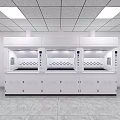 Modern Laboratory Interior With White Fume Hoods Ceiling Lights And Tile Floor