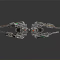 Sci-Fi Spaceship Model With Multiple Wings Brown Blue Metallic Colors Yellow Lights And Weapon Components