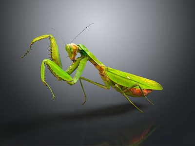 Green Praying Mantis Flying Insect with Open Wings and Extended Legs on Grey Background 3d model