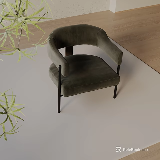 Dark Green Velvet Accent Chair With Curved Arms Black Metal Legs And Green Plants 3d model 