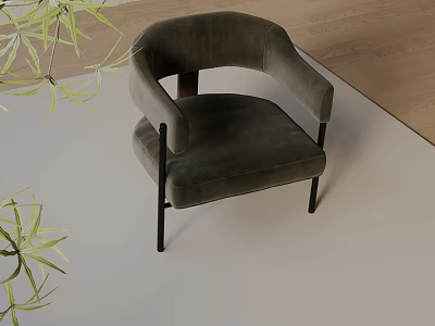 Dark Green Velvet Accent Chair With Curved Arms Black Metal Legs And Green Plants 3d model