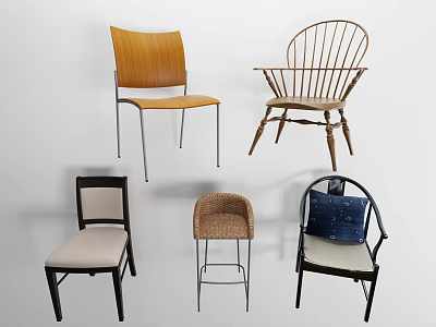 Various Design Leisure Chairs with Wooden Frames Woven Backs Metal Legs and Upholstered Seats 3d model