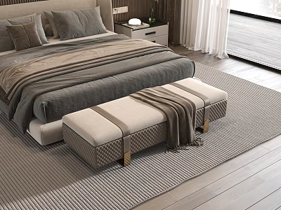 Modern Bedroom Interior With Gray Bedding Bench Area Rug And Wooden Floor 3d model