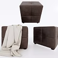 Dark Brown Upholstered Ottoman With Light Throw Blanket Multiple Angles 3d model