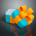 Decorative Ornament Display Set With Open Blue Orange Gift Box Orange Bow And White Interior