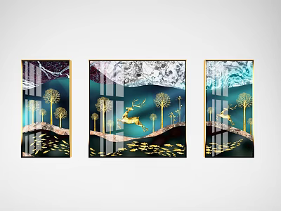 Three Panel Modern Decorative Paintings With Golden Deer Trees And Dark Background 3d model