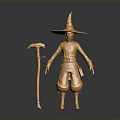 Golden Wizard Statue With Scythe Shaped Staff And Robe Details