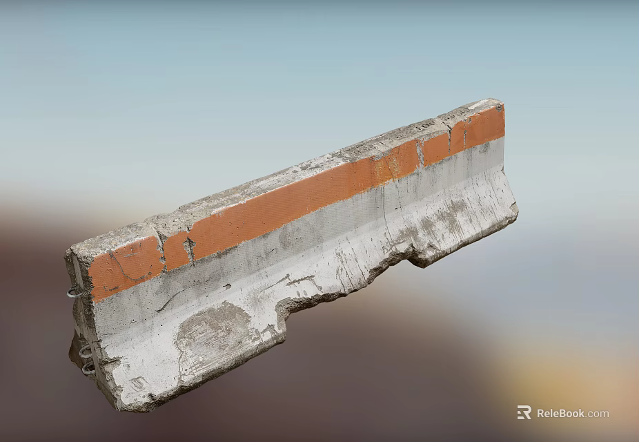 Worn Gray Concrete Road Curb with Orange Stripe and Metal Fasteners 3d model 