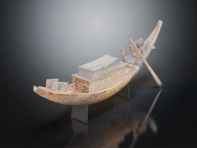Antique Wooden Boat Model With Ornate Carved Patterns On Display Stand 3d model