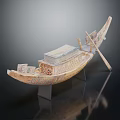 Antique Wooden Boat Model With Ornate Carved Patterns On Display Stand