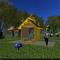 Bright Yellow Landscape Pavilion With Red Roof Green Grass Mushroom Decorations And People Walking Around