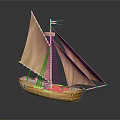 Detailed Wooden Sailing Boat Model With Yellow Sails And A Flag