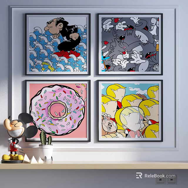 Cartoon Themed Wall Art Paintings With Mickey Mouse Cats Dogs Donut And Blonde Characters 3d model 