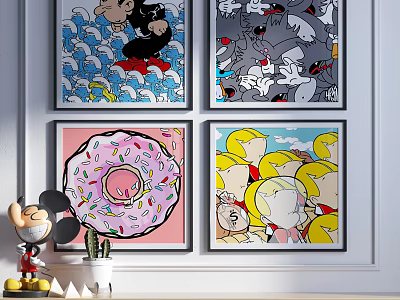Cartoon Themed Wall Art Paintings With Mickey Mouse Cats Dogs Donut And Blonde Characters 3d model
