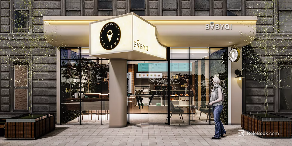 Modern Dessert Shop Exterior With Glass Facade Signboard Warm Lighting And Interior Seating 3d model 