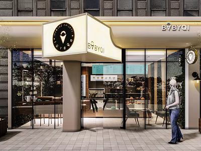 Modern Dessert Shop Exterior With Glass Facade Signboard Warm Lighting And Interior Seating 3d model