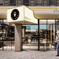 Modern Dessert Shop Exterior With Glass Facade Signboard Warm Lighting And Interior Seating