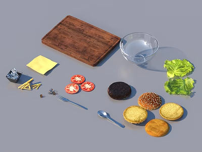 Other Homemade Burger Ingredients With Wooden Cutting Board Glass Bowl And Fresh Produce 3d model