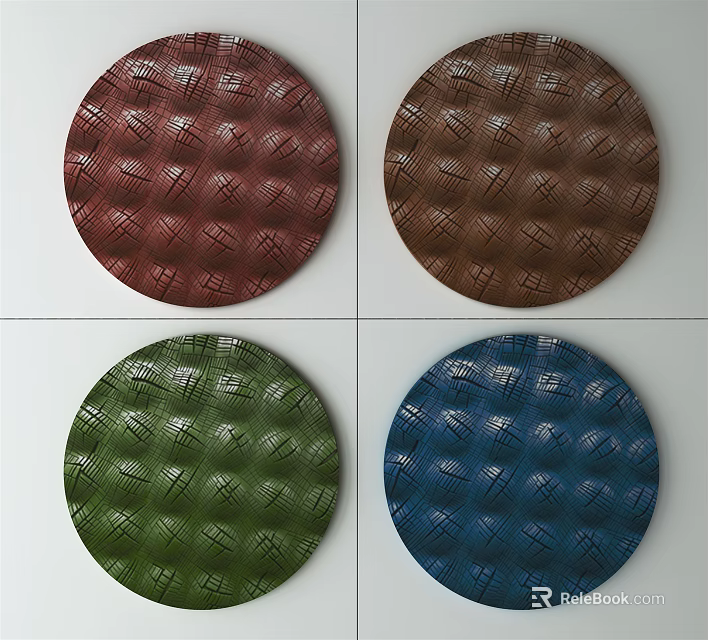 Vibrant Round Framed Paintings In Red Brown Green Blue With Crisscross Texture 3d model 