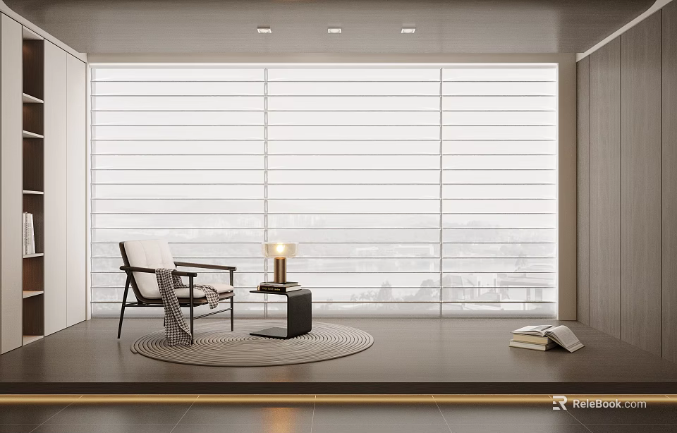 Large Window Blinds in Modern Room with Armchair Side Table Lamp Rug and Books 3d model 