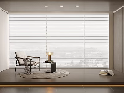 Large Window Blinds in Modern Room with Armchair Side Table Lamp Rug and Books 3d model