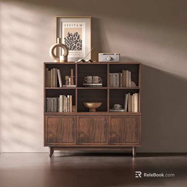 Modern Natural Grain Wooden Console Cabinet With Shelves Books Decorative Items And Radio 3d model 