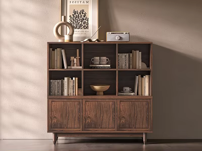 Modern Natural Grain Wooden Console Cabinet With Shelves Books Decorative Items And Radio 3d model